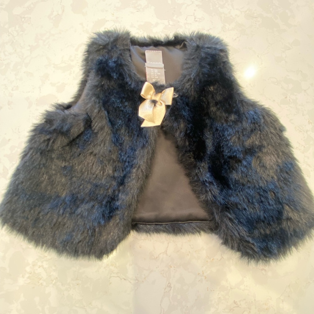 Tahari Black Faux Fur Vest with Gold Bow